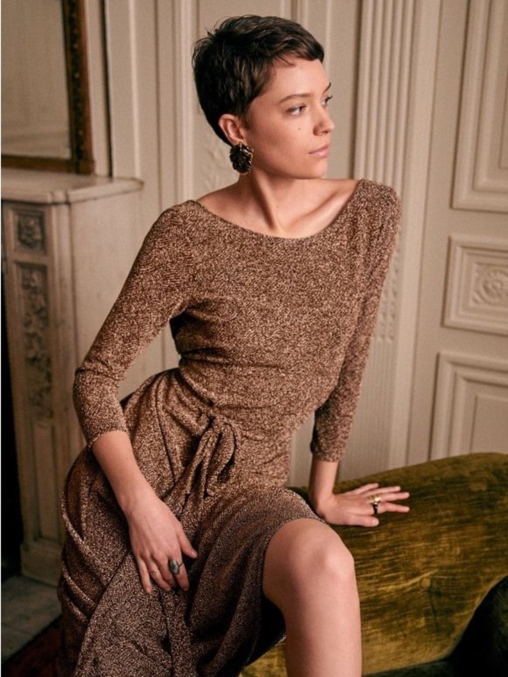 NWOT Sezane Lauren Dress, Shimmering Brown Scoop Back Long-Sleeve Wrap, Size S